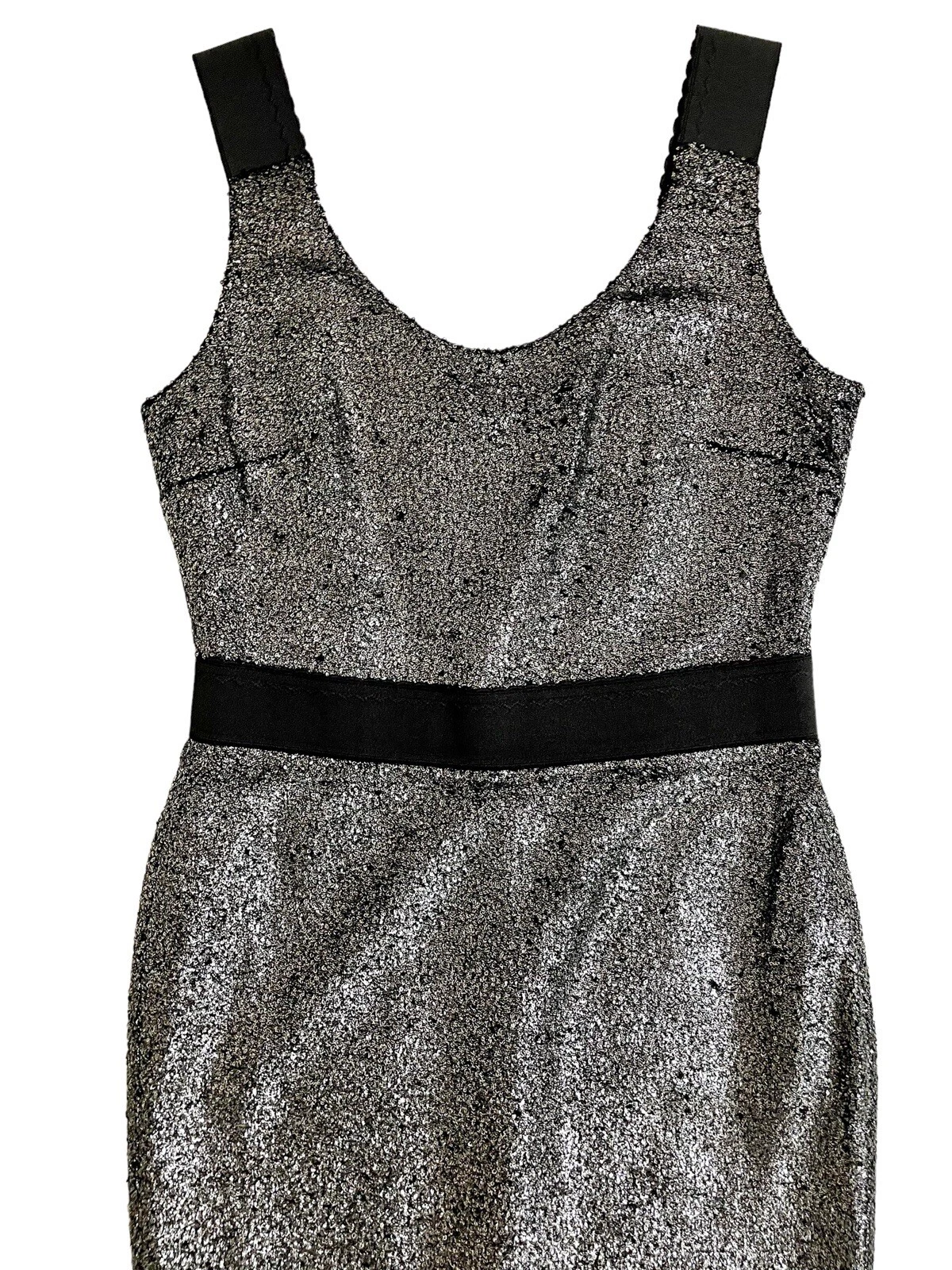 Abito Boutique Moschino Argento Boucle Tubino Metallizzato 48 IT 14US $695 Nuovo con etichette