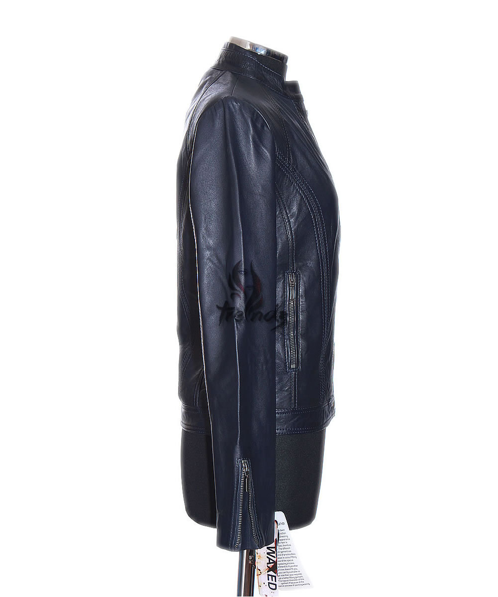 Ladies MILA Dark Blue Biker Style Designer Retro Real Lambskin Leather Jacket