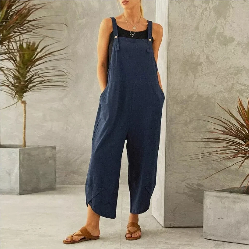 Damen Weites Bein Latzhose Baggy Trägerhose Jumpsuit Herbst Palazzohose Softhose - Bild 2 von 4