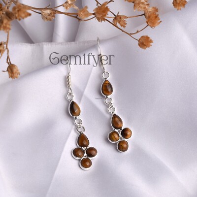 925 Sterling Silver Tigers Eye Handmade Earrings Natural Gemstone Dangle Jewelry