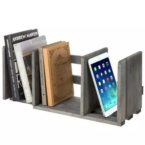 Gray Expandable Adjustable Wood Desktop Bookshelf Organizer