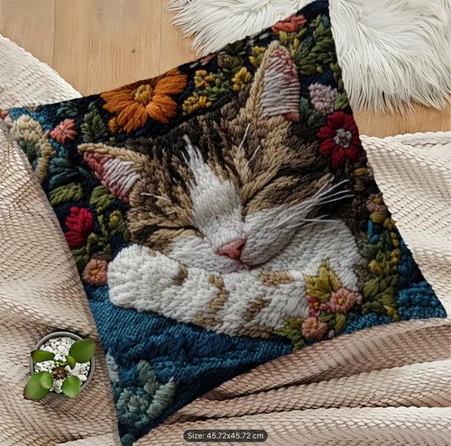 Contemporary Style Super Soft Sleeping Cat In Flowers Cushion Cover 45cm x 45cm - Picture 3 of 4