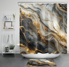 Gold Abstract Marble on Black and White Shower Curtain Set for Bathroom Decor