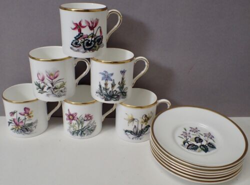 Set of (6) Royal Worcester ALPINE FLOWERS Bone China Demitasse Cups & Saucers - Picture 2 of 19
