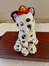 Vintage Fire Dog Plush Stuffed Dalmatian Red Collar and Hat 7" Plastic Eyes