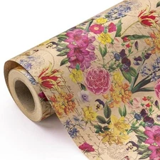  Kraft Floral Wrapping Paper Roll - 17 inch x 9.8 feet Kraft Floral & Letter