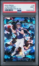 2024 Panini Prizm - Fireworks J.J. McCarthy #18 Blue Ice Prizm /99 (RC)