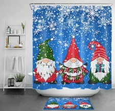 Cute Red and Green Gnome Blue Christmas Shower Curtain Bathroom Accessories Set