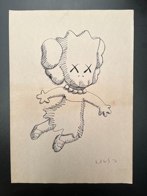 KAWS (Handmade) Zeichnung auf altem Papier signiert Mischtechnik, Vintage Kunst