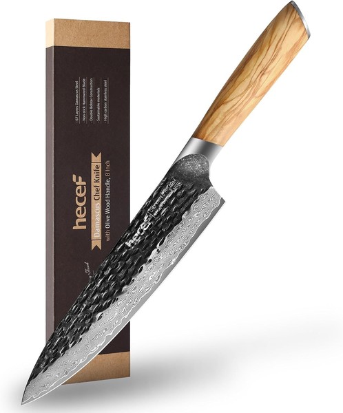 KüChenmesser 20 Cm Damast Profi Kochmesser Olivenholzgriff Scharf-image