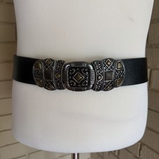 Chico s Black Leather Belt Silver Boho Medallion Buckle Wide Statement Waist M