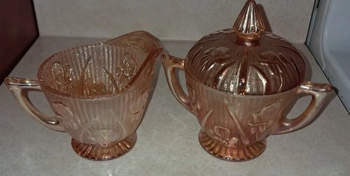 Vintage Jeanette Creamer & Sugar Bowl Iris Herringbone Iridescent Marigold Glass