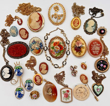 Antique Vtg Cameo Jewelry Lot Necklace Pendant Brooch Locket Earring Ring 28 pcs