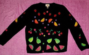 Talbots Vintage Fruit Embroidered Beaded Cardigan Sweater XL