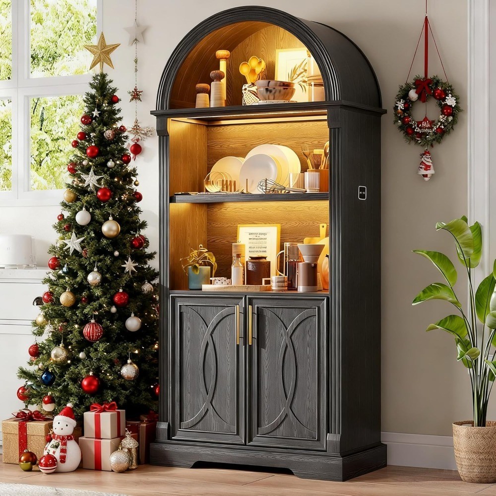 Tall Arched Cabinet Kitchen Pantry with Adjustable Shelves Glass Doors and