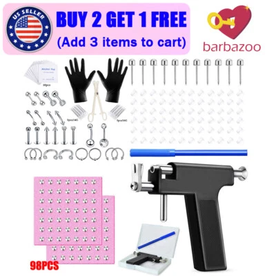 LONGBEAUTY 19-101PCS Body Nose Navel Lips Tongue Studs Professional Piercing Gun Tool Kit