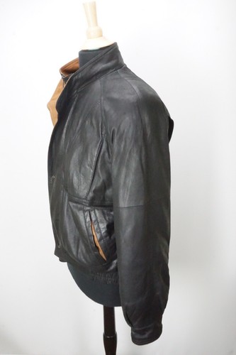Neiman Marcus Black Brown Double Collar Zip Up Bomber Leather Jacket Sz 40 - Picture 3 of 7