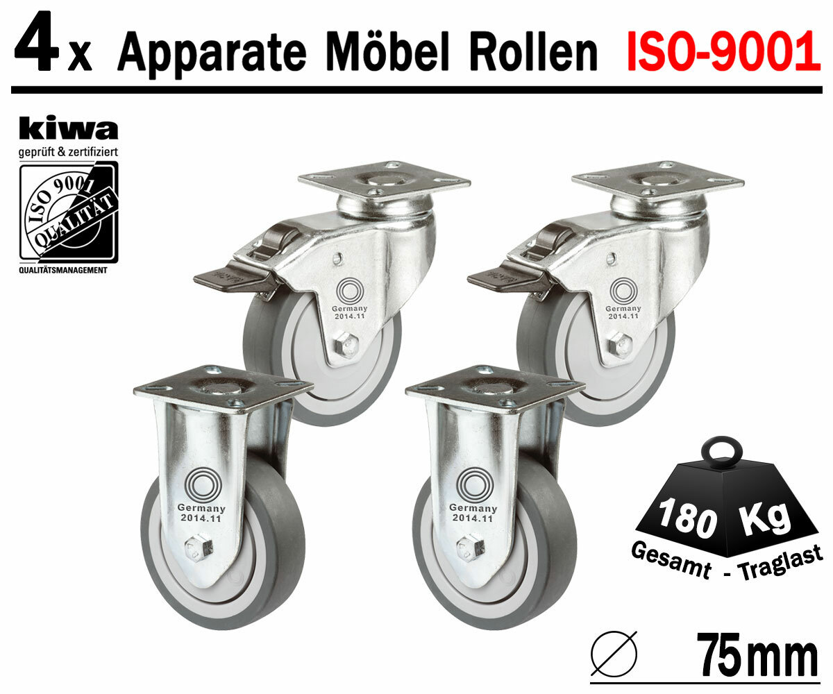 Möbelrollen Apparate Laufrollen Lenk Rollen 4 x Ø 75 mm Br-Bo BS-Rollen Germany