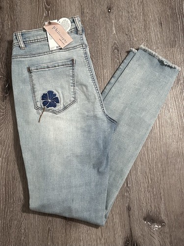 NWT Philosophy Jeans Women’s 8 Light Wash Blue Denim 30x30” Embroidered Floral - Afbeelding 1 van 24