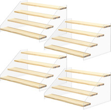 4 Pack 4 Tier Acrylic Wooden Display Stand, Clear Acrylic Display Riser Shelf Wo