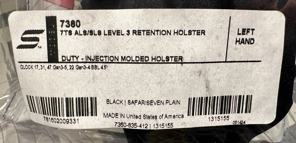Safariland 7360 ALS/SLS Level 3 LH Duty Holster GLOCK 17 22 31 47 - LEFT HAND - Image 2 of 4