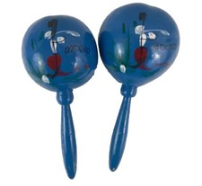 Mexico Blue HandPainted Wooden Maracas Percussion Party Shakers Collectibles