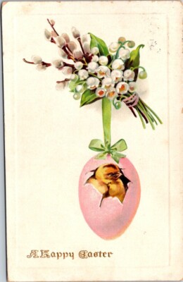 Easter Chick Peeking Out of Pink Egg Flowers Germany Embossed c1910 postcard NQ2
