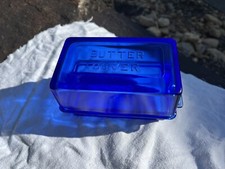 Scarce 1930's Art Deco Hazel Atlas Glass In Cobalt Blue Embossed Butter Dish/Lid