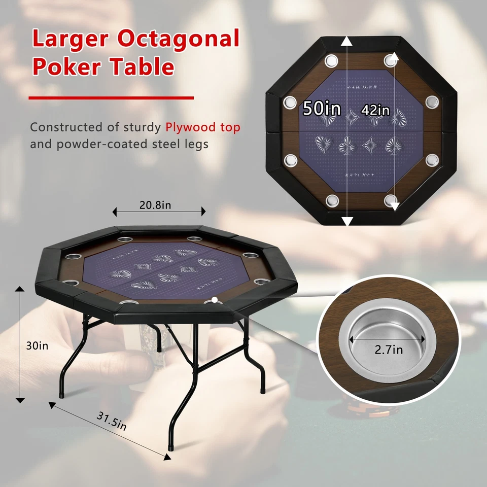 Poker Table 8 Player Texas Holdem Game Folding Casino Legs Cup Holders Octagon - Image 2 of 4