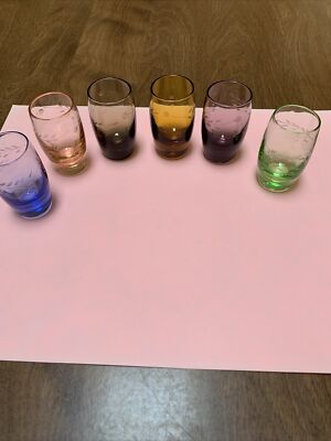6 Etched Pastel Gem Colored Shot Cordial Glasses Six Vintage