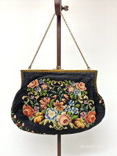 Vintage Tapestry Needlepoint Clutch Evening Purse Women's Floral Kiss Lock Clasp