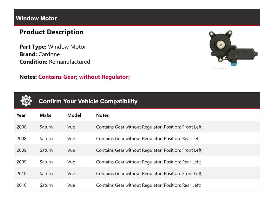 Para Saturn Vue 2008-2010 Ventana Motor Cardone 2009 Foto 2 de 4