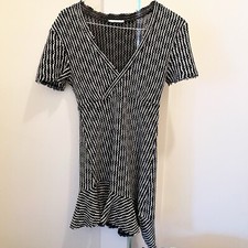 Zara Textured Weave Knit Mini Dress Small Forest Green White Ruffle Asymmetrical