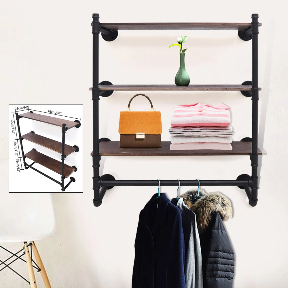 Industrial Pipe Clothing Rack Wall Mounted with Real Wood Shelf