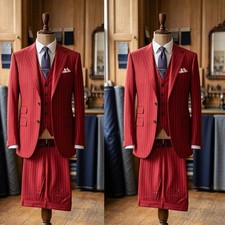 Red Pinstripe Men's Suits 3 Piece Formal Wedding Business Blazer Vest Pants Set