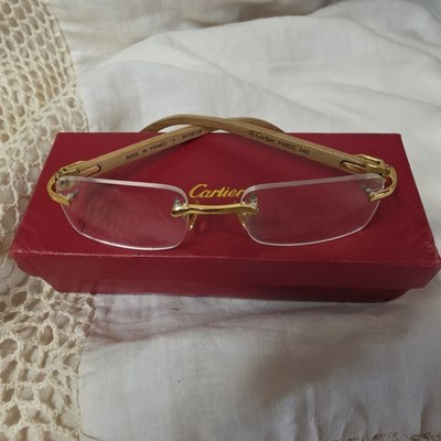 Cartier Paris Wood Arms Rimless Gold Metal Eyeglass Frames w/ Box 1981
