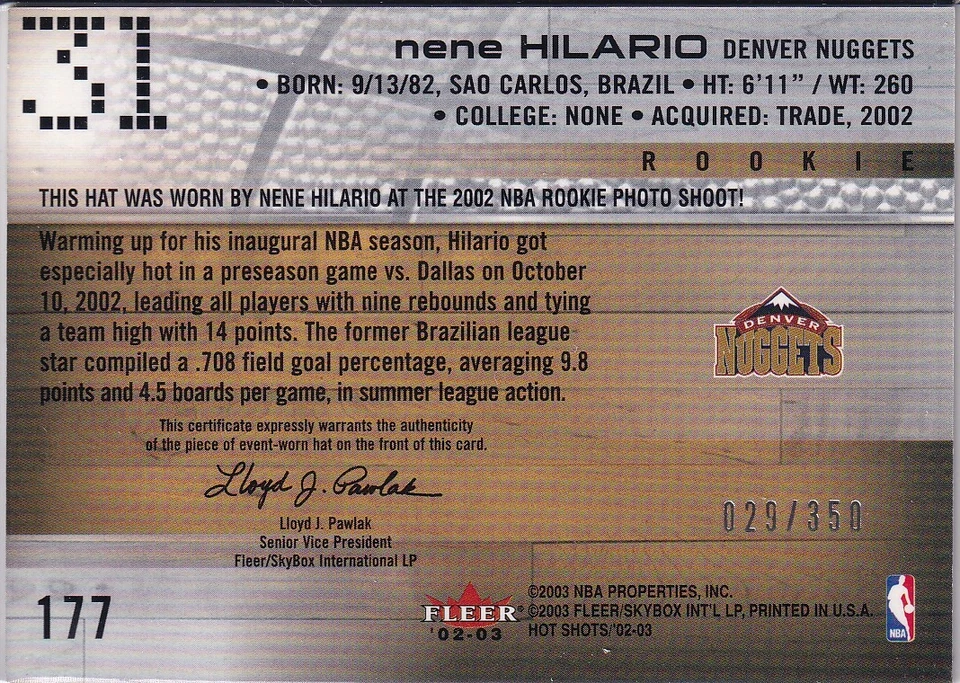 Fleer Hot Shots #177 2002-03 Nene Hilario #/350 Foto 2 de 2