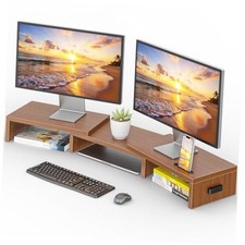 Dual Monitor Stand Riser with Smartphone Holder, Adjustable 42.5 in Walnut