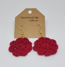 Handmade Crochet Orange-Red Flower Dangle Earrings