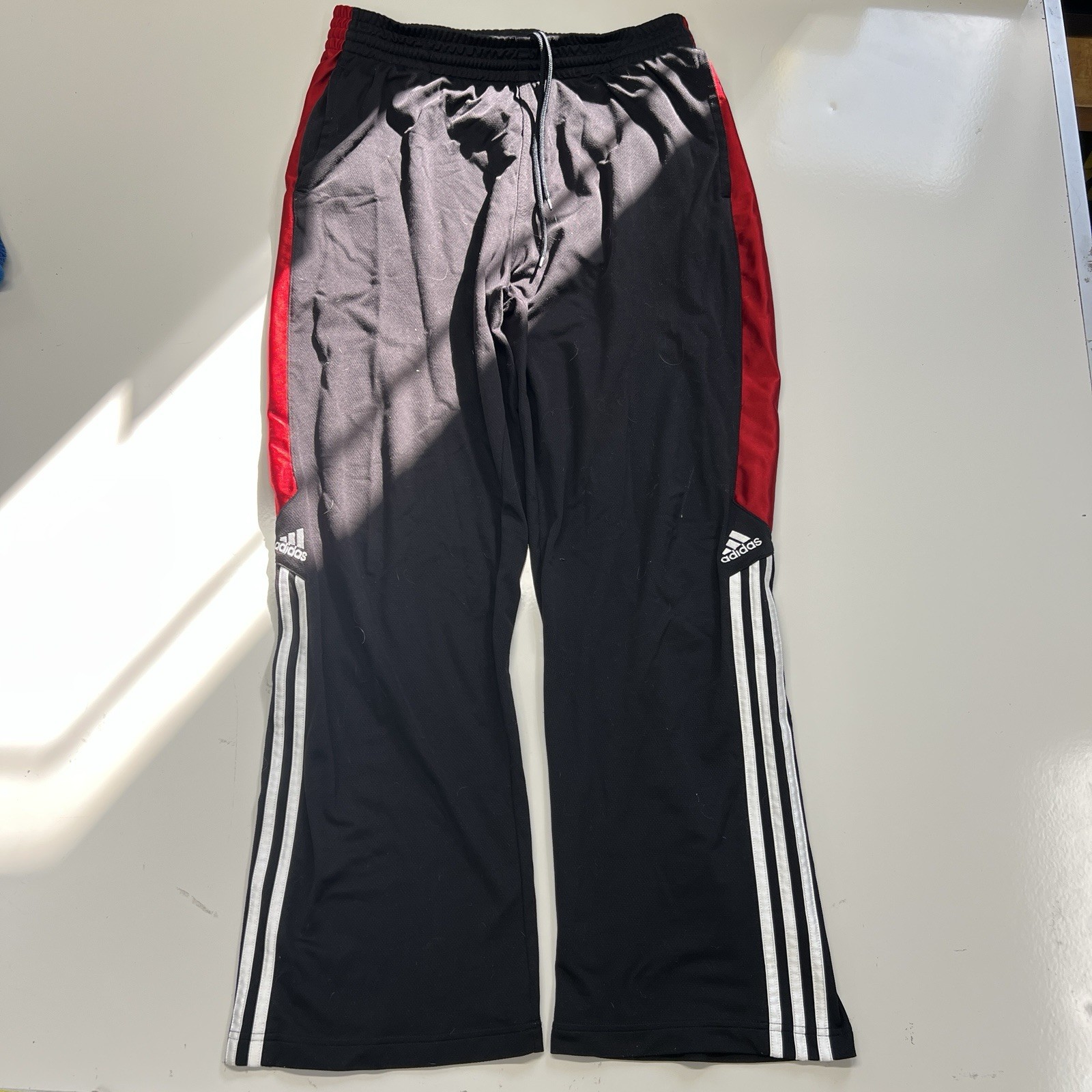 Adidas Track Pants Mens L Black Red 3 Stripe Bootcut Flare Athletic