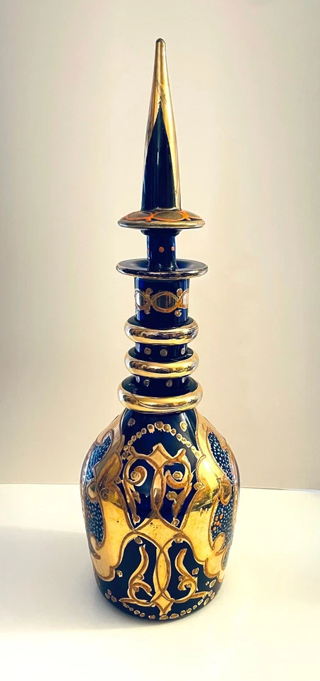 Antique 1920s Bohemian 19" Blue Gold Handpainted Glass Decanter Persian Market - Image 3 of 4
