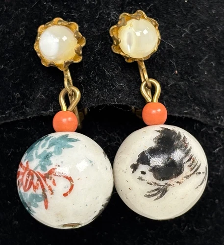 VTG Miriam Haskell Drop Earrings Painted Porcelain Asian Beads Brass Clip Screw
