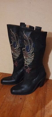Gianni Bini Boots Women's Size 6m Black Leather Suede Embroidered Eagle Western