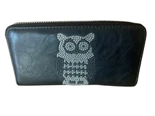 BLACK RHINESTONE OWL ACCORDION Zip Around WALLET Wristlet Bonus Keyring Strap