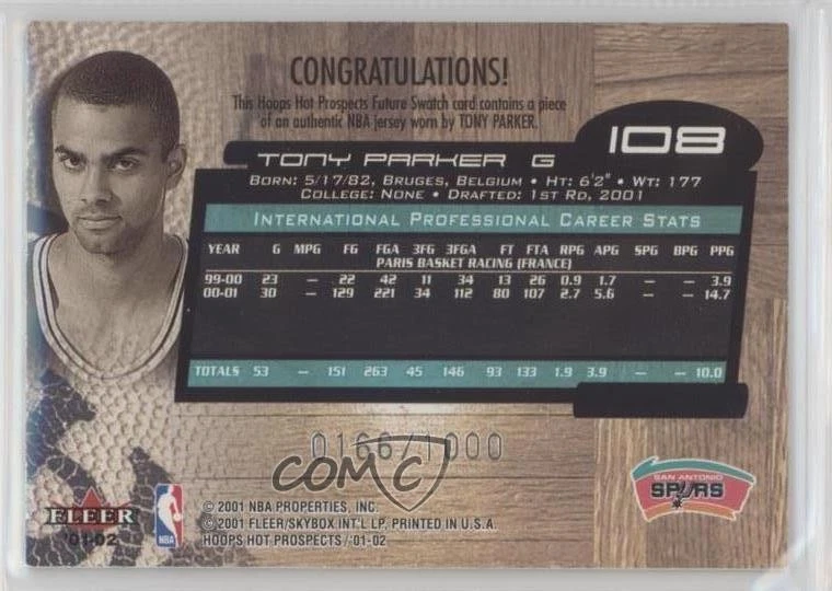 2001 NBA Hoops Hot Prospects Future Swatch /1000 Tony Parker #108 Rookie RC HOF - Image 2 of 2
