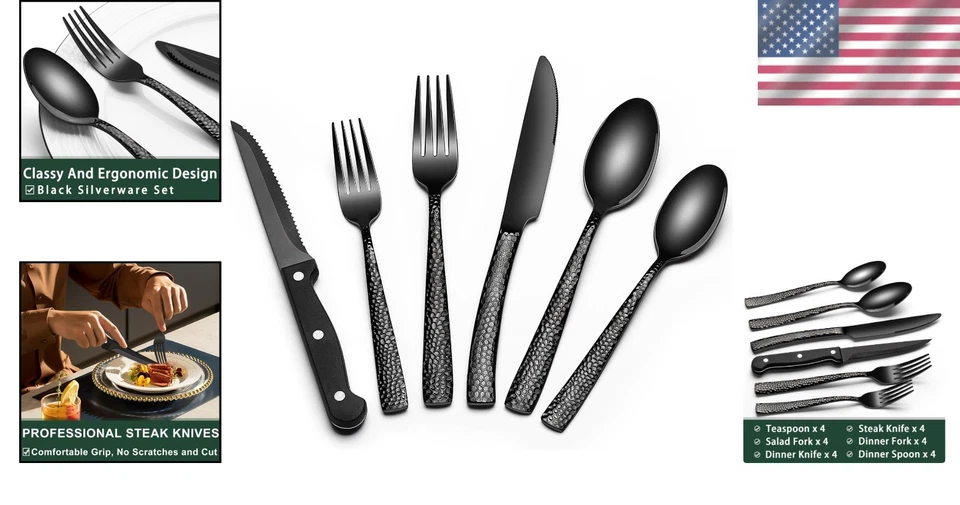 Elegante juego de cubiertos de acero inoxidable martillado negro de 24 piezas para 4 Foto 2 de 4