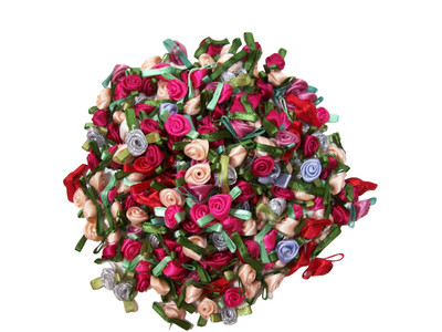 Mixed Satin Rosebud Ribbon Roses Flower Appliques x 100 pieces Multi Color B43