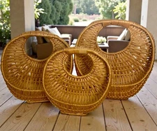 Set of 3 Round Woven Rattan Baskets Boho Coastal Handle Basket Decor