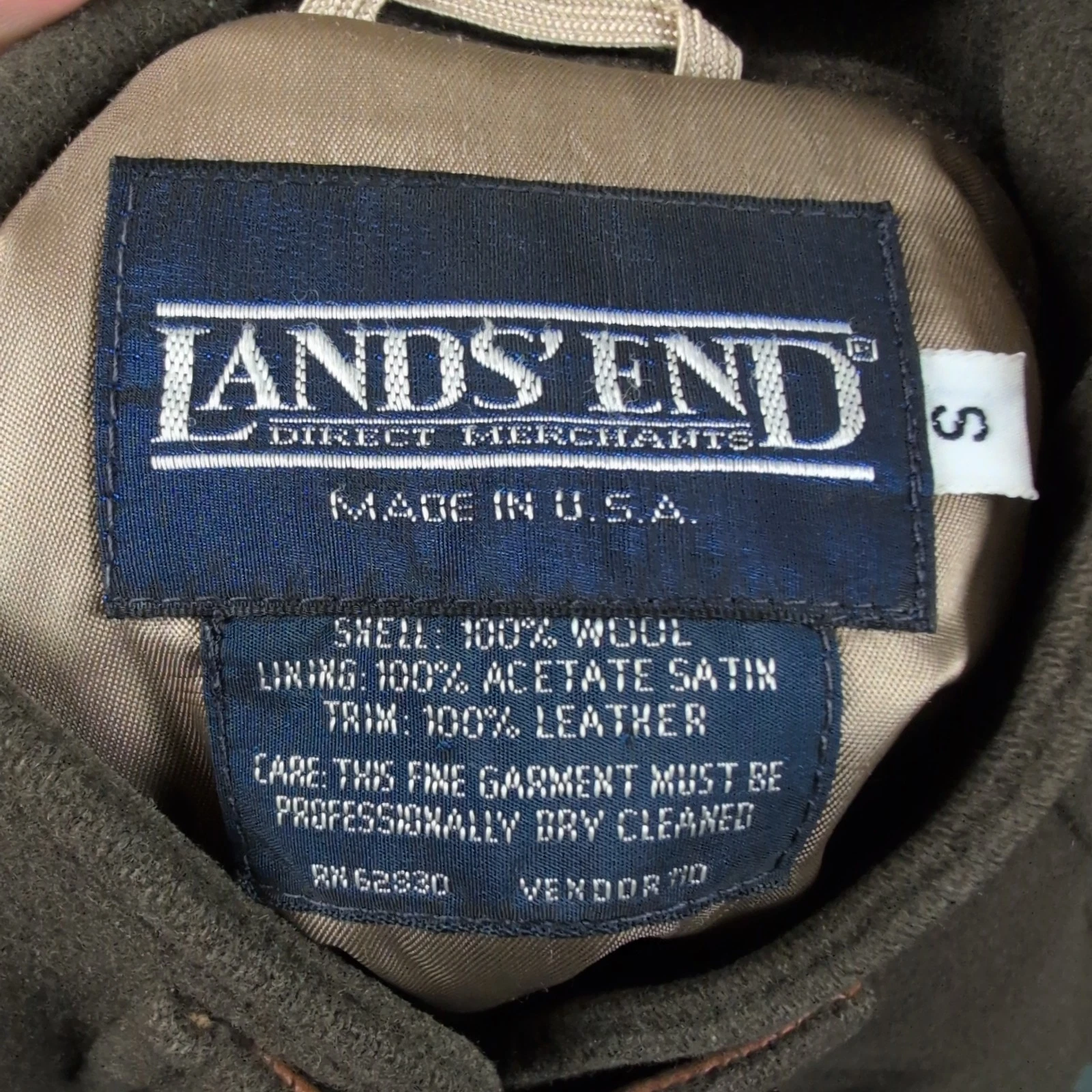 Vintage Lands End Jacket Men's Small Green Wool Bomber Leather Trim USA 80s 90s - product detail image 12