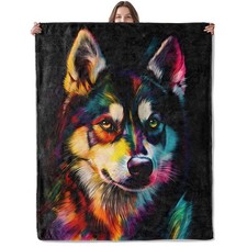 Neon Husky Dog Blanket, Lightweight Comfy Bold and Colorful Puppy Art Blanket...